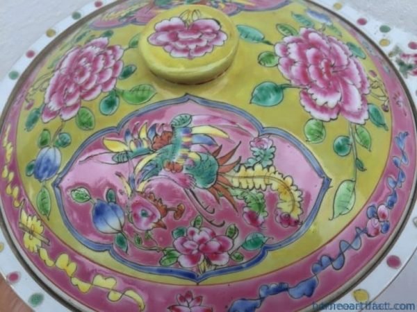 yellow nyonya soup bowl chinese wedding ware / food serving jar porcelain peonies