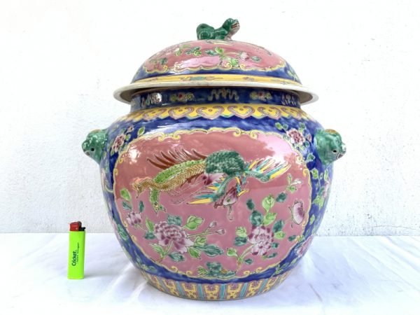 BLUE GIANT 6.9kg KAMCHENG RARE BLUE and PINK Nyonya Ware Covered Jar Porcelain Pot