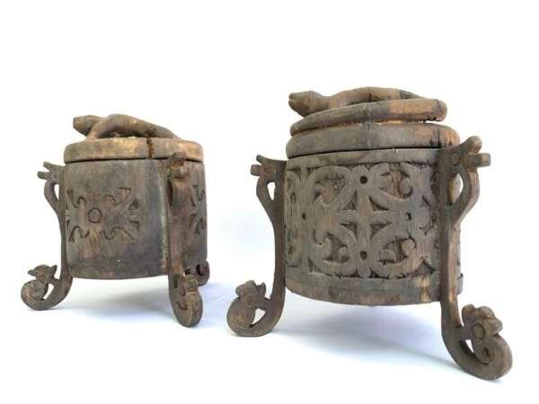 Traditional Container 200mm One Pair Tribal Box Lupong Medicine Jewelry Animal Statue Borneo