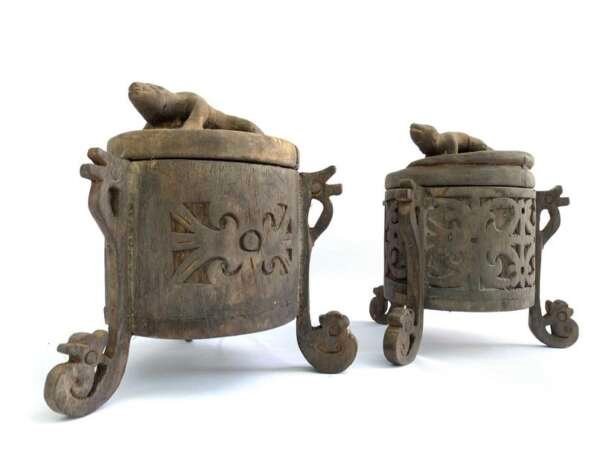 Traditional Container 200mm One Pair Tribal Box Lupong Medicine Jewelry Animal Statue Borneo