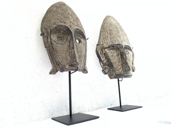 TWO GORGEOUS 18.9″ On Stand MASK Sculpture Figure Statue Asia Wall Art Painting