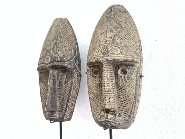 TWO TRIBAL CARVED MASK 20.9″ ON STAND Nias Face Sculpture Figure Statue South East Asia