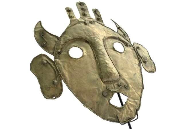 Masque Iban Mask 315mm On Stand Headhunter Borneo Facial Tribal Face Dayak Statue Brass Sculpture