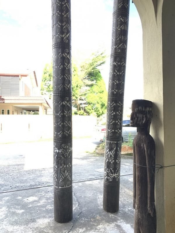 TWO GIANT 9 FEET Sacred Pole Totem Dayak Ritual Native Pillar Carved Trunk Wood Statue Sculpture Art Garden Deco