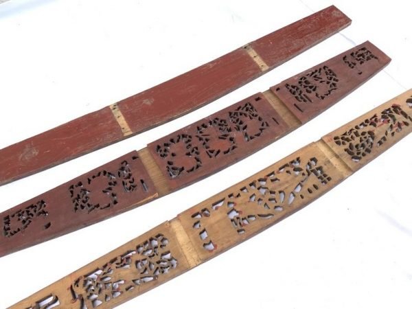 SET OF THREE (Length: 1255-1335mm) ANTIQUE CHINESE WEDDING PANEL Wood Carving Peranakan RED AND GILT