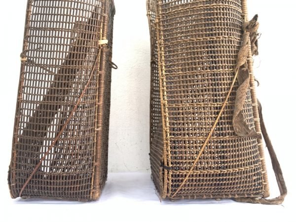 ANTIQUE Farming Basket (One Pair) Old Traditional Rattan Tambok Backpack Weaving Bag Asia