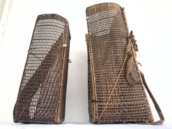ANTIQUE Farming Basket (One Pair) Old Traditional Rattan Tambok Backpack Weaving Bag Asia