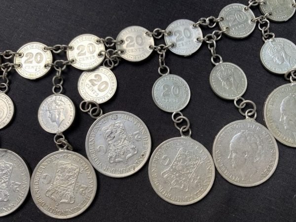 ANTIQUE SILVER 980g BELT Authentic Sterling Coin Jewel Jewelry Silverware Borneo