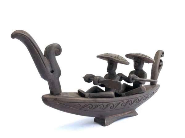 Tribal Boat 410mm Malay Orang Ulu Tribe Traditional Vessel Statue Figure Figurine Oar Paddle