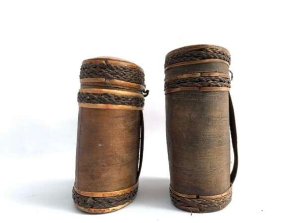 Seed Container (1 Pair) Traditional Tribal Box Basket Wood Carving Tree Bark Borneo