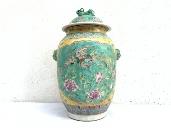 GREEN 330mm COVERED JAR peranakan kam cheng Phoenix Porcelain Pot Vase Pottery #4
