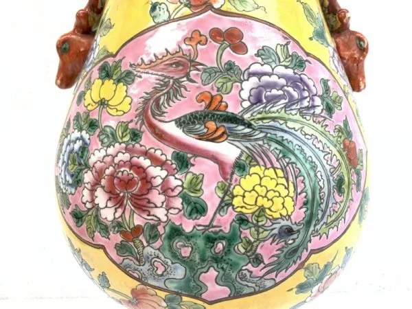 EGG SHAPE colourful JAR 280mm VASE Phoenix and Peonies Flower Pot Pottery baba Nyonya Urn