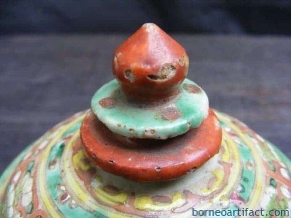 ANTIQUE AUTHENTIC Red & Green Buddhist Emblem MINI COVERED JAR Chinese Heirloom