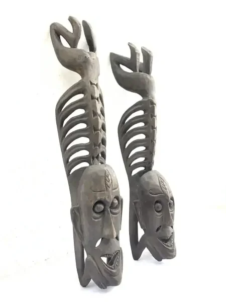 TWO LETI STATUE Wooden Sculpture Figure Icon Image Skull Skeleton Figurine Interior Home