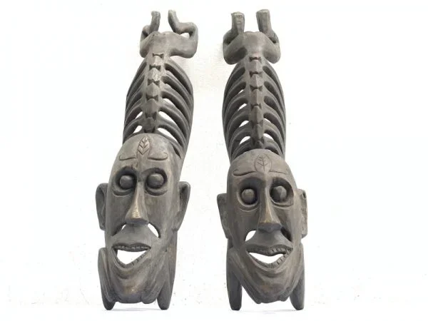 TWO LETI STATUE Wooden Sculpture Figure Icon Image Skull Skeleton Figurine Interior Home