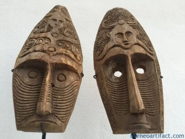 (ONE PAIR) HUSBAND & WIFE MASK Nias Indonesia Artifact Sculpture Figure Statue
