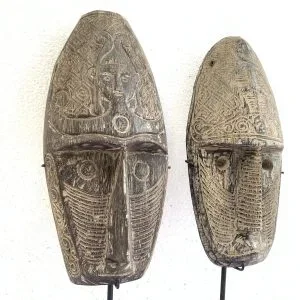 TWO TRIBAL CARVED MASK 20.9″ ON STAND Nias Face Sculpture Figure Statue South East Asia