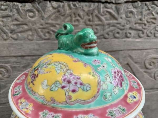 Peranakan Kam Cheng 340mm Green Yellow Covered Jar Porcelain Pot Vase Pottery Baba Nyonya