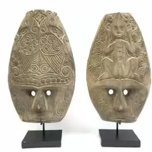 Indonesian Mask (1 Pair) Male And Female Masque Sculpture Figure Statue Acacia Wood Deco