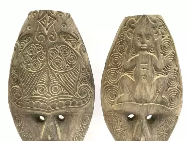 Indonesian Mask (1 Pair) Male And Female Masque Sculpture Figure Statue Acacia Wood Deco