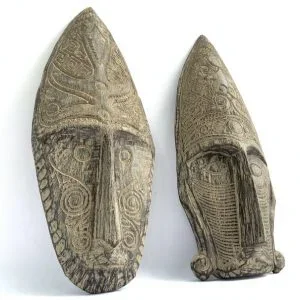 TATTOOED FACE 23″ On Stand TRIBAL MASK Nias Figure Statue Asia Asean Artifact