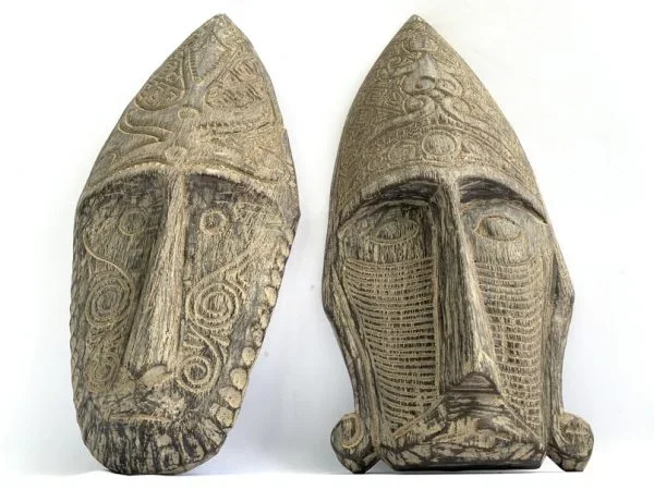 TATTOOED FACE 23″ On Stand TRIBAL MASK Nias Figure Statue Asia Asean Artifact