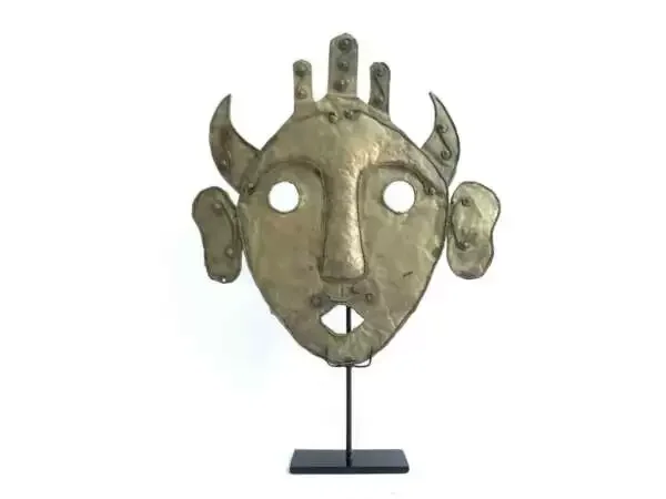 Masque Iban Mask 315mm On Stand Headhunter Borneo Facial Tribal Face Dayak Statue Brass Sculpture