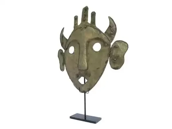 Masque Iban Mask 315mm On Stand Headhunter Borneo Facial Tribal Face Dayak Statue Brass Sculpture