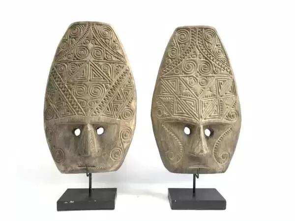 Tattooed Face 420mm (1 Pair) Tribal Nias Indonesia Mask Masque Wall Deco Wood Carving