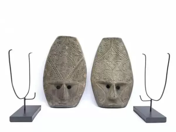 Tattooed Face 420mm (1 Pair) Tribal Nias Indonesia Mask Masque Wall Deco Wood Carving