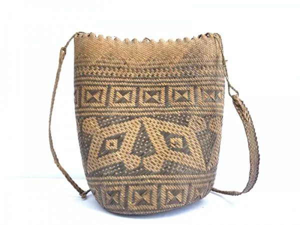 AUTHENTIC OLD BASKET 280mm Traditional Borneo Weaving Woven Fiber Art Rattan Bag #4
