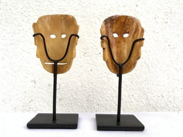 (ONE PAIR) BONE MASK On Stand LETI INDONESIA Tribal Facial Asia Asian Art Culture