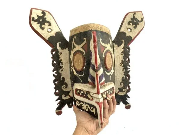 ANTIQUE 440mm BORNEO WOODEN MASK Old Dayak Modang Statue Sculpture Wall Deco Painting Tribal Art Asia