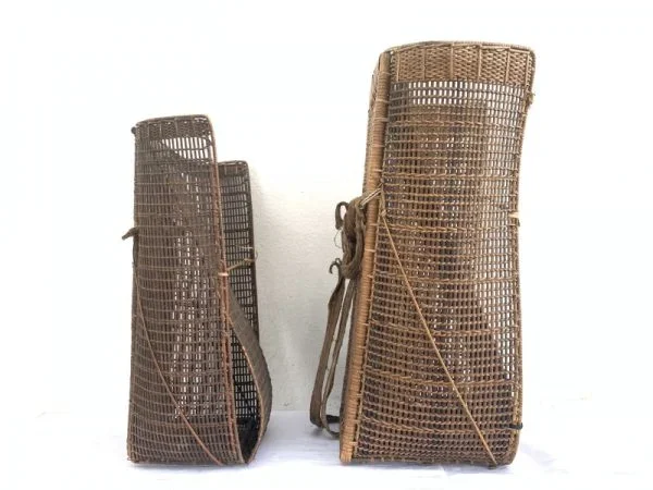 ANTIQUE Farming Basket (One Pair) Old Traditional Rattan Tambok Backpack Weaving Bag Asia