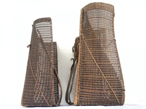 ANTIQUE Farming Basket (One Pair) Old Traditional Rattan Tambok Backpack Weaving Bag Asia