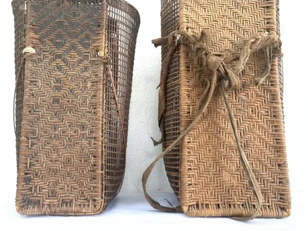 ANTIQUE Farming Basket (One Pair) Old Traditional Rattan Tambok Backpack Weaving Bag Asia