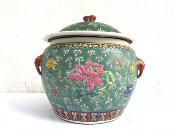 Ceramic Jar 200mm Rare Green Kamcheng Chupu Covered Jar Pot Vase Peranakan Baba Nyonya