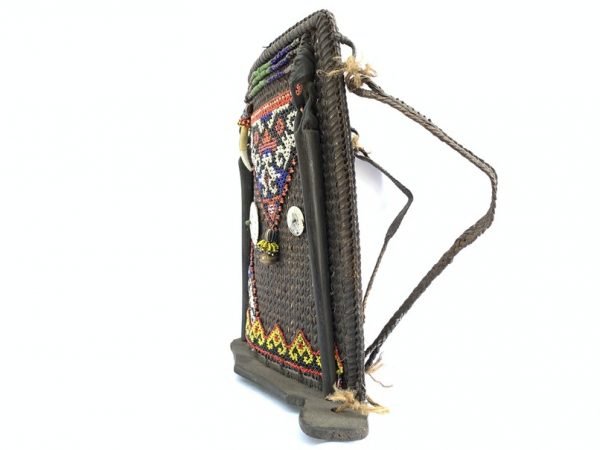 CHILD CARRIER 450mm Borneo Baby Backpack Bag Staff Ritual Pole Beads & Figurine Traditional Asia