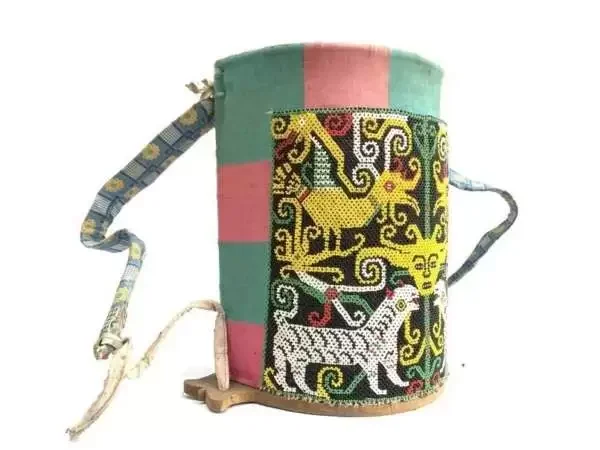 CHILD CARRIER 450mm Borneo Baby Backpack Bag Staff Ritual Pole Beads & Figurine Traditional Asia