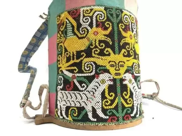 CHILD CARRIER 450mm Borneo Baby Backpack Bag Staff Ritual Pole Beads & Figurine Traditional Asia