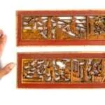 CHINESE SCULPTURE 300mm ANTIQUE CHINESE WEDDING PANEL Wood Carving Peranakan RED AND GILT (1 Pair)
