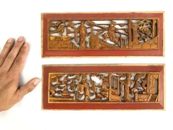 CHINESE SCULPTURE 300mm ANTIQUE CHINESE WEDDING PANEL Wood Carving Peranakan RED AND GILT (1 Pair)