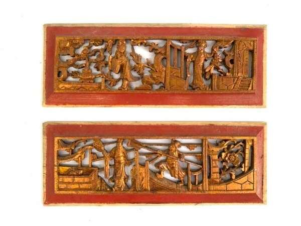 CHINESE SCULPTURE 300mm ANTIQUE CHINESE WEDDING PANEL Wood Carving Peranakan RED AND GILT (1 Pair)