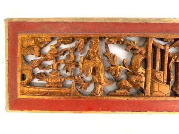 CHINESE SCULPTURE 300mm ANTIQUE CHINESE WEDDING PANEL Wood Carving Peranakan RED AND GILT (1 Pair)