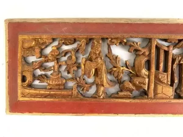 CHINESE SCULPTURE 300mm ANTIQUE CHINESE WEDDING PANEL Wood Carving Peranakan RED AND GILT (1 Pair)