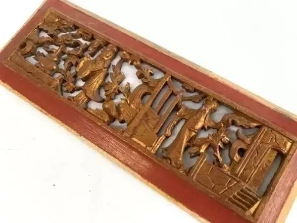 CHINESE SCULPTURE 300mm ANTIQUE CHINESE WEDDING PANEL Wood Carving Peranakan RED AND GILT (1 Pair)