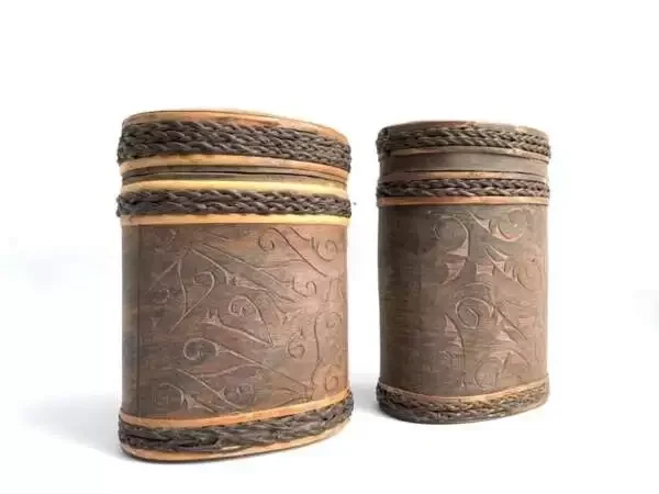 Seed Container (1 Pair) Traditional Tribal Box Basket Wood Carving Tree Bark Borneo